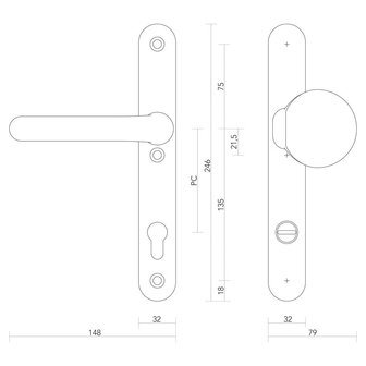 S2 vhbeslag anti-kerntrek 32mm knop/kruk PC92 tekening