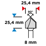 V-groeffrees 25,4x25,4mm 8mm schacht tekening