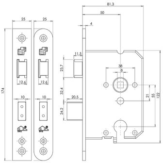 Veiligheidsslot PC55mm SKG ** afgeronde voorplaat tekening