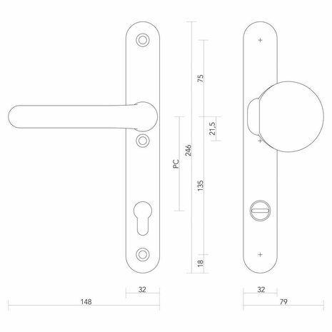 S2 vhbeslag anti-kerntrek 32mm knop/kruk PC92 tekening