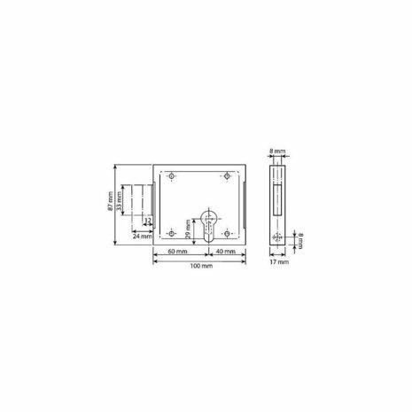 DX opleg cilinderslot 60mm doornmaat tekening