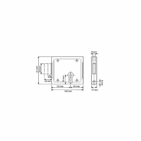 DX opleg bonte baard slot 70mm doornmaat tekening