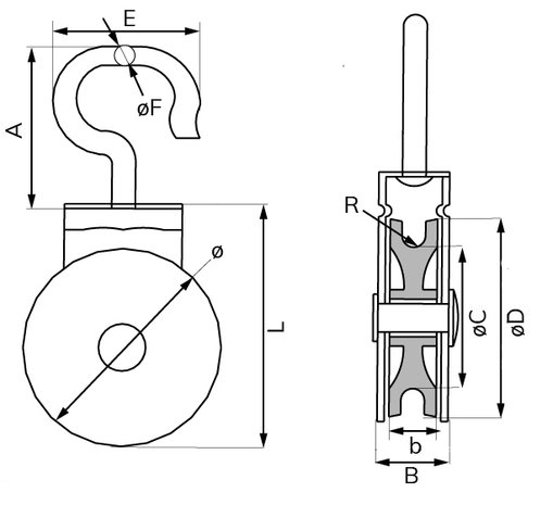 Katrol draaibare haak 15 mm verzinkt tekening