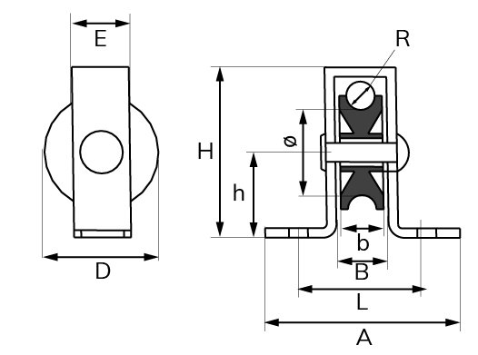 Staande katrol 40 mm open behuizing verzinkt tekening