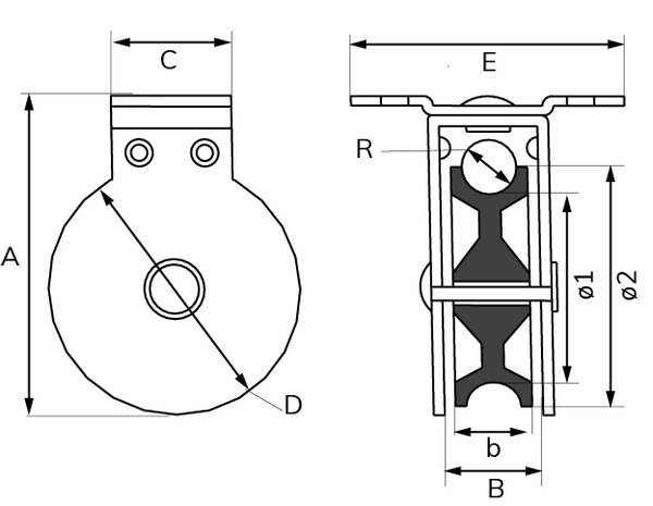 Staande katrol 40 mm verzinkt tekening