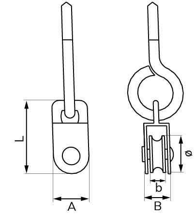 Katrol met schroefoog 15 mm RVS AISI 304 tekening