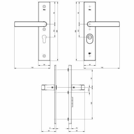 S2 vh beslag anti-kerntrek kruk/kruk PC72 zwart tekening