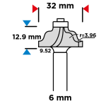 Vormfrees 32x12,9mm 6mm schacht tekening