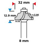 Vormfrees 32x12,9mm 8mm schacht tekening