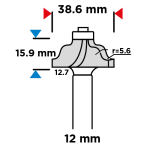 Vormfrees 38,6x15,9mm 12mm schacht tekening