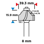 Profiel frees 39,3x15,9mm 8mm schacht tekening