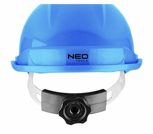Industriële helm met kinband, blauw nek