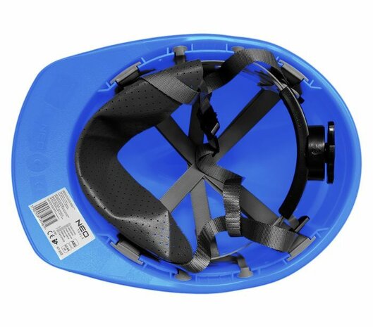 Industriële helm met kinband, blauw open