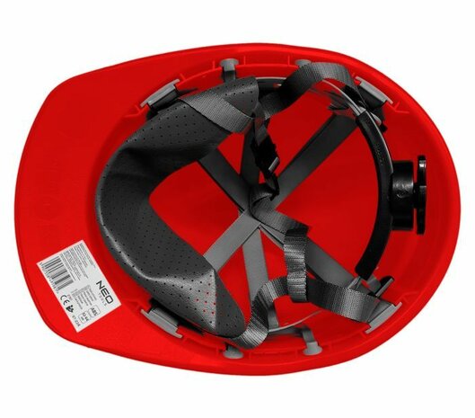 Industriële helm met kinband, Rood open