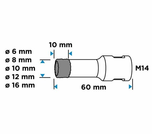 Diamantboorset 6,8,10,12,16mm met Koeling Kern afbeedling