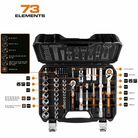 Doppenset 73 delig, 1/2 en 1/4, CrV inhoud2