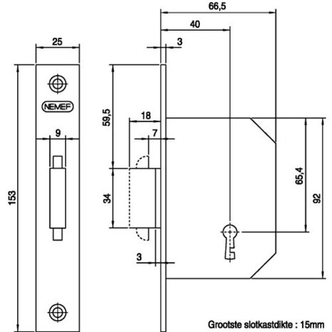 Nemef schuifdeurslot 605 klaviersleutel tekening
