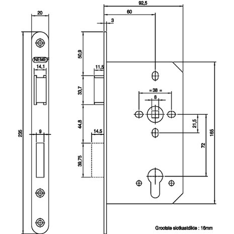 Nemef cilinder insteekslot PC 72 649/4 LS tekening